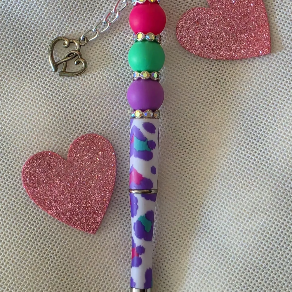 Handmade Black Ink Bling Pen Colorful Purple Leopard Heart Charm Office School